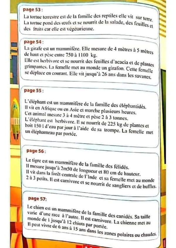 تعبير عن الحيوانات بالفرنسية للسنة الخامسة ابتدائي