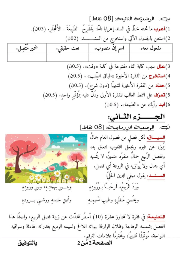 اختبار الثلاثي الثالث اللغة العربية للسنة الاولى متوسط مع الحل  موضوع عن جمال الطبيعة