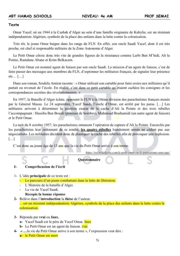 موضوع مراجعة عطلة الشتاء بالفرنسية مع الحل سنة رابعة 4 متوسط