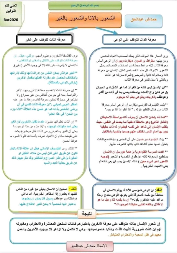 مخطط مقالة الشعور بالأنا والشعور بالغير لغات أجنبية بكالوريا 2024