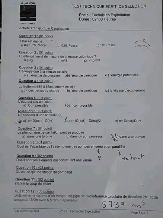 مواضيع اسئلة مسابقة سوناطراك 2024 2025