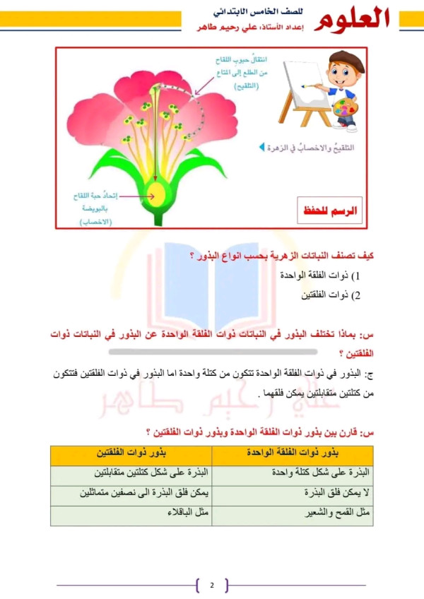 ملخص درس  النباتات الزهرية علوم الصف الخامس الابتدائي