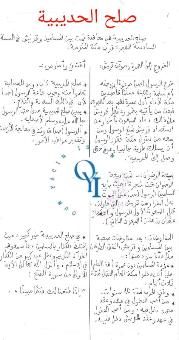 ملخص درس صلح الحديبية سنة ثالثة 3 متوسط تربية إسلامية