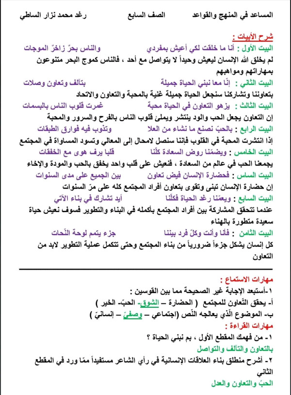 شرح وحل قصيدة التعاون الصف السابع لغة عربية   قصيدة (( التعاون )) الصف السابع.  شرح الأبيات + حل الوظيفة + الاعراب  #التعليمية_السورية