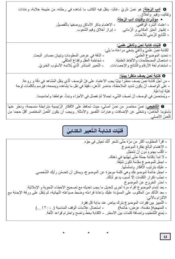 ملخص جميع دروس التعبير الكتابي لغة عربية سنة رابعة متوسط الفصل الثاني