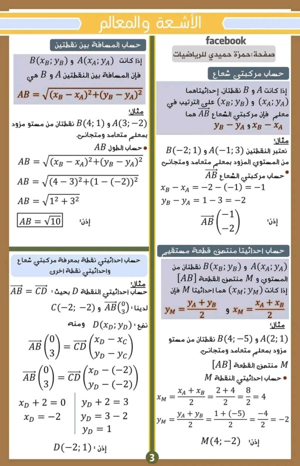 ملخص الدرس الثاني في الهندسة من المقطع الثاني ( الأشعة والانسحاب) بطريقة واضحة للسنوات الرابعة متوسط
