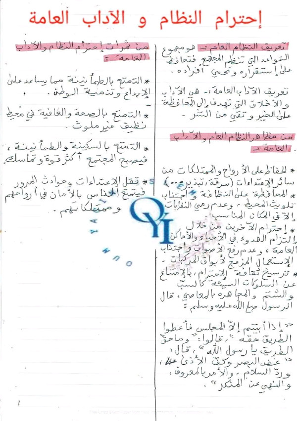 ملخص درس احترام النظام والآداب العامّة سنة ثالثة 3 متوسط تربية إسلامية