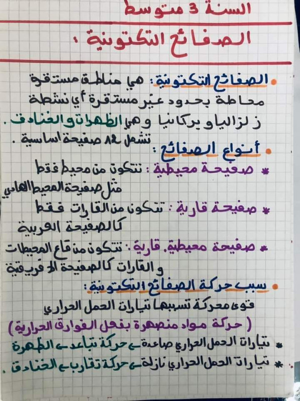 ملخص درس الصفائح التكتونية 3 متوسط