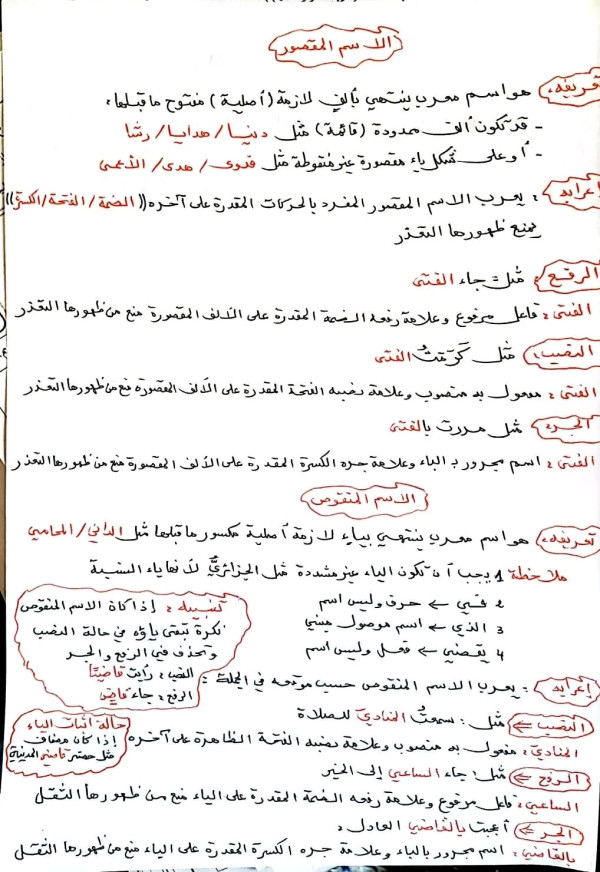 ملخص درس الاسم المقصور والمنقوص سنة ثانية متوسط بالأمثلة