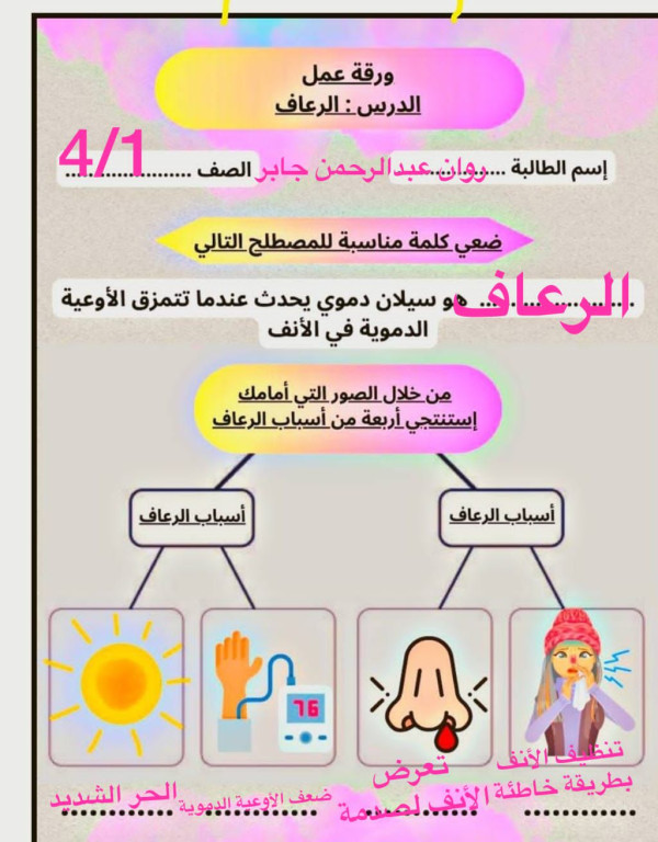 ورقة عمل درس الرعاف الصف الرابع ابتدائي