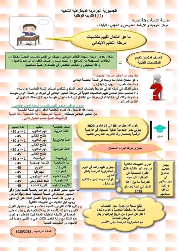 ما هو إمتحان تقييم المكتسبات للسنة الخامسة ابتدائي توضيح