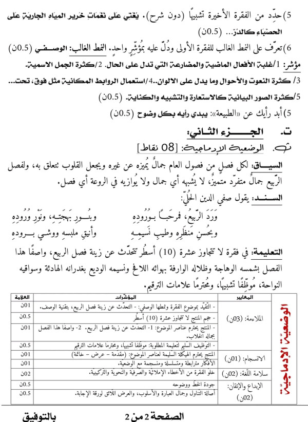 اختبار الثلاثي الثالث اللغة العربية للسنة الاولى متوسط مع الحل  موضوع عن جمال الطبيعة